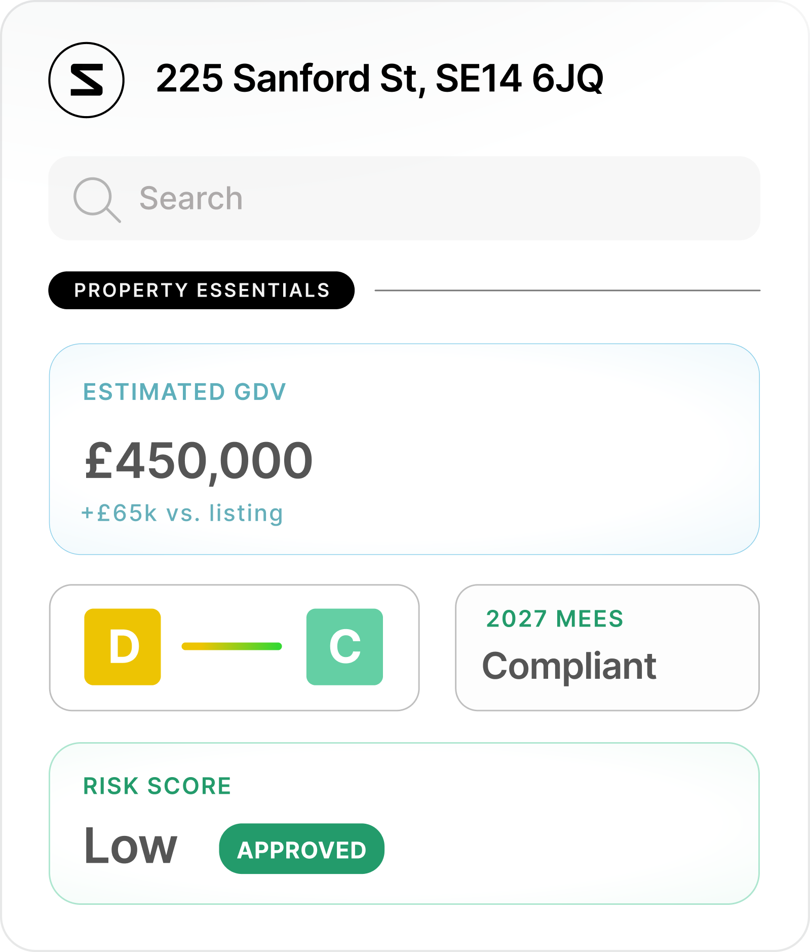 Scapely live appraisal: 225 Sanford St, SE14 6JQ — Estimated GDV £450,000, 2027 MEES Compliant, Risk Score Low (Approved)